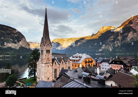Scenic Panoramic View Of The Famous Mountain Village In The Austrian