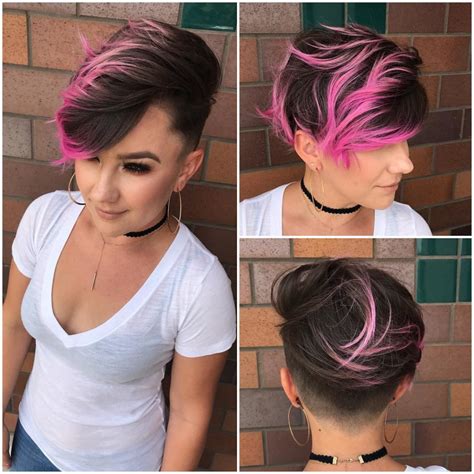 Those with blonde strands have it easy and can dye their hair pink in one sitting (maybe even from home), but for natural brunettes, the process is a lot more intense and requires professional help. Brunette Combover Pixie with Bright Pink Highlights and ...