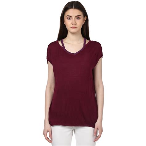Buy Park Avenue Regular Fit Stylised Neck Full Sleeve Dark Violet Viscose Blend Solid T Shirt