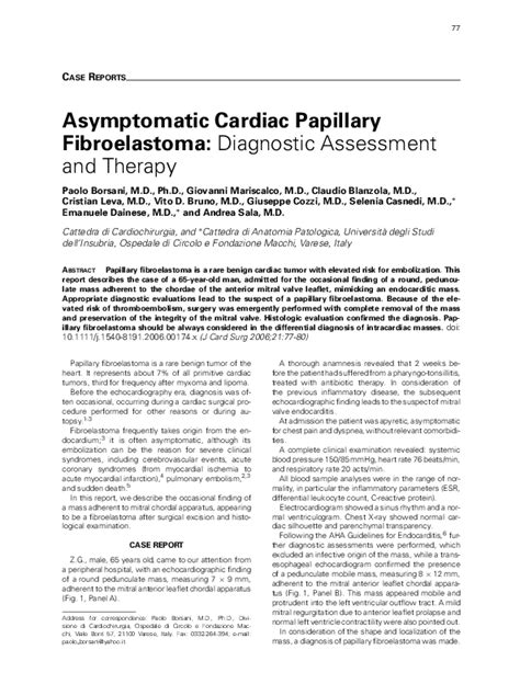 Pdf Asymptomatic Cardiac Papillary Fibroelastoma Diagnostic Assessment And Therapy Cristian