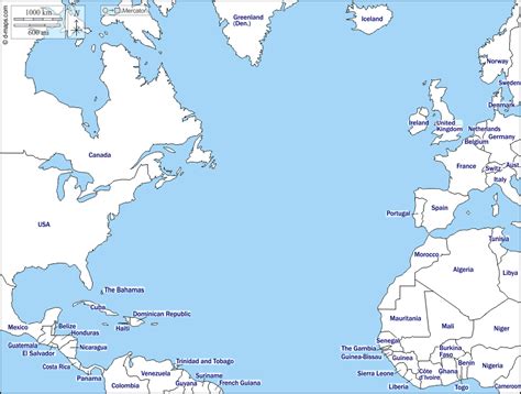 Northern Atlantic Ocean free map, free blank map, free outline map