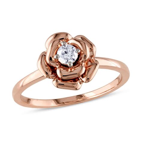 18 Ct Diamond Solitaire Flower Promise Ring In 10k Rose Gold