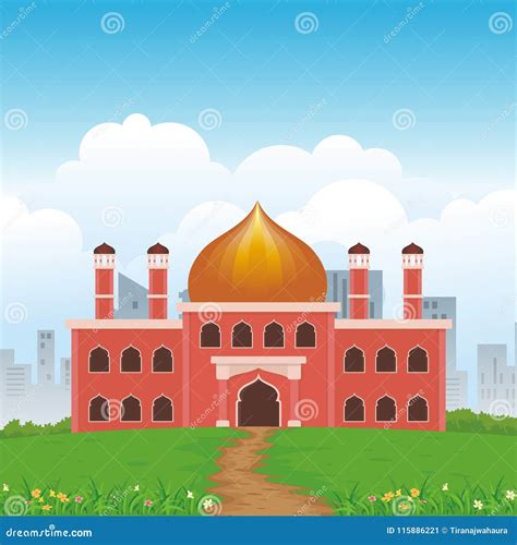 Cartoon Islamic Mosque And Lovely Nature Landscape Stock Vector