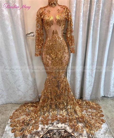 Sparkly Sequined Mermaid Backless Gold Prom Dresses African 2019 Sexy