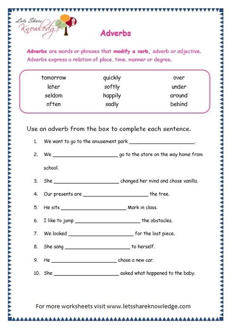 grade  grammar topic  adverbs worksheets  lets share knowledge