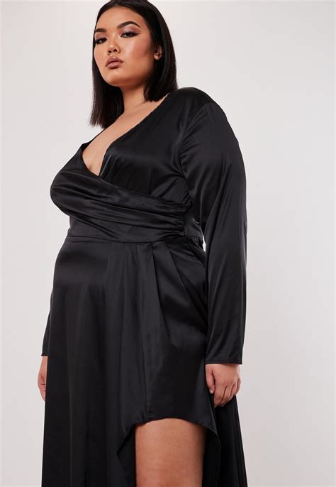 Plus Size Black Satin Wrap Over Maxi Dress Missguided Australia