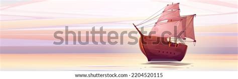 Wooden Ship White Sails Floating Under Stock Vector Royalty Free