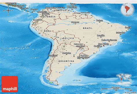 Shaded Relief Panoramic Map Of South America Political Shades Outside
