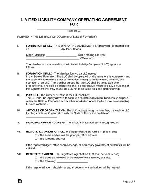 Free Washington Dc Single Member Llc Operating Agreement Form Pdf
