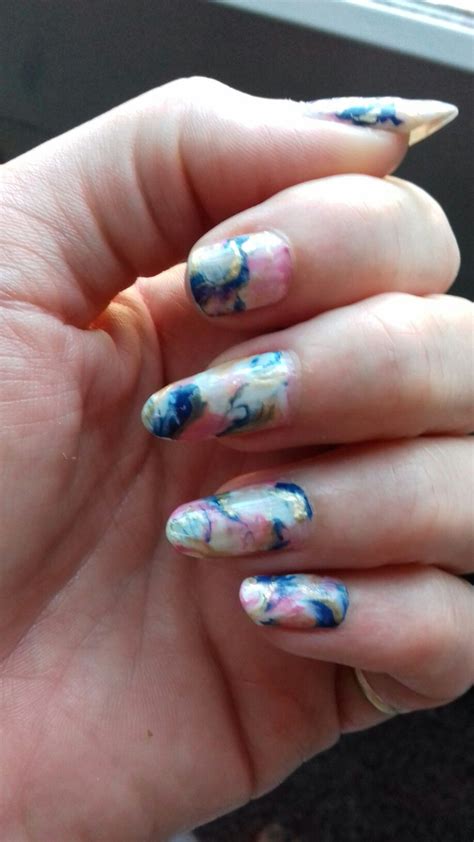 Beautiful Pink Blue And Gold Marbled Design Nails By Cathy Marble
