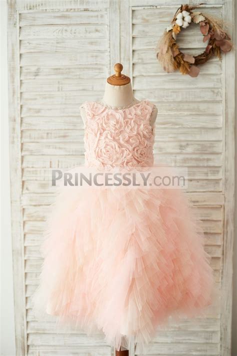 Rosette Tiered Ruffles Tulle V Back Pink Wedding Flower Girl Dress Avivaly