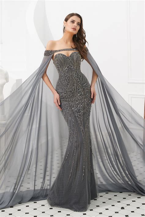grey beaded dubai style evening dress with cape shawl mermaid evening dresses prom dress with