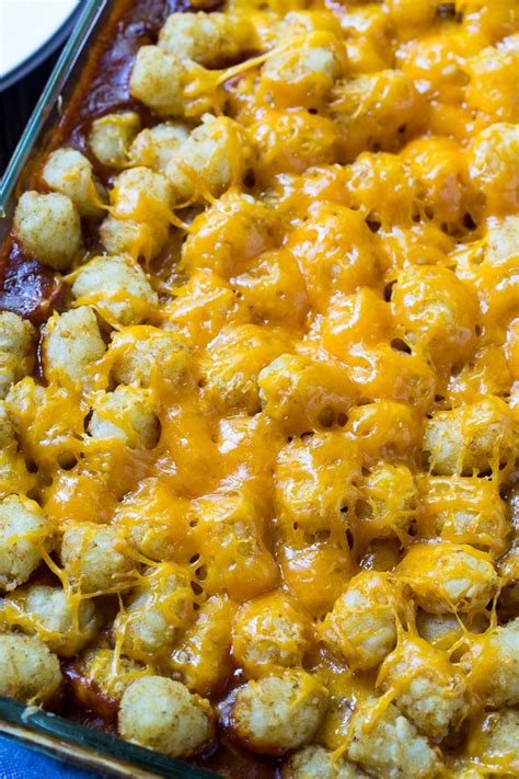 Lightly season with salt and pepper, to taste. Cheesy Hot Dog Tater Tot Casserole - Spicy Southern ...