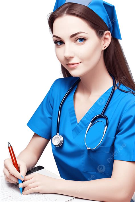 Beautiful Woman Nurse With Blue Shirt Holding A Pen Beautiful Woman