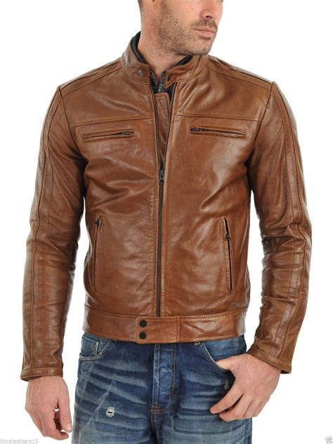 Men's real lambskin tan brown leather motorcycle jacket slim fit biker