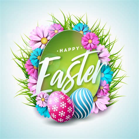 Happy Easter Holiday Illustration With Painted Egg Flower And Green
