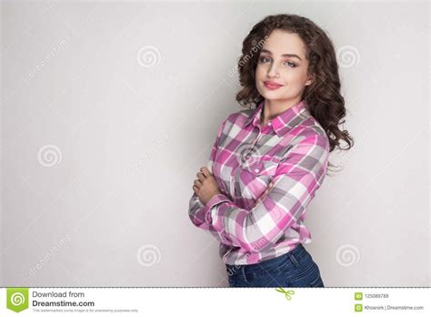 Satisfied Beautiful Girl With Pink Checkered Shirt Curly Hairst Stock Image Image Of Face