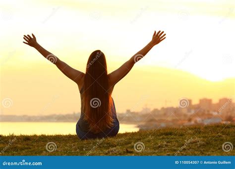 Cheerful Woman Raising Arms At Sunset Stock Image Image Of Calm Hope