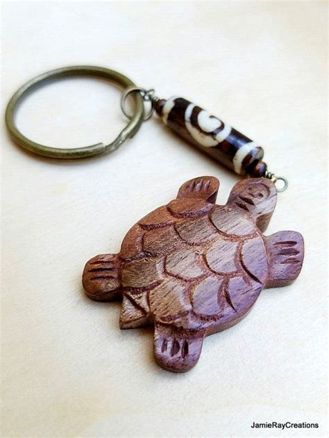 Carved Wooden Turtle Keychain With Painted Bone Bead Etsy Turtle