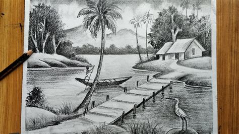 How To Draw Easy Pencil Sketch Scenery Landscape Pahar And River Side