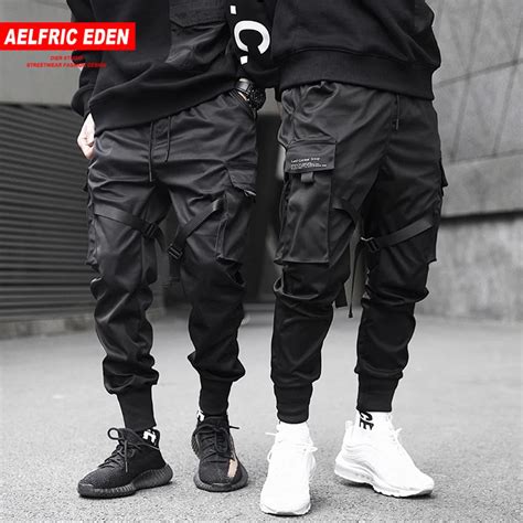 Aelfric Eden Men Ribbons Cargo Pants Black Pocket Casual Streetwear