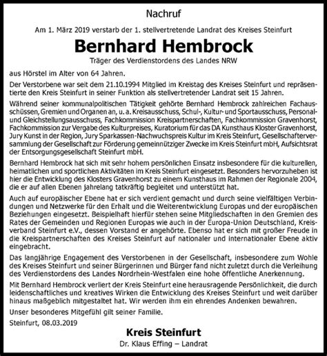Traueranzeigen Von Bernhard Hembrock Trauerms