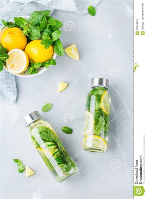 Fresh Cool Lemon Cucumber Mint Infused Water Detox Drink Stock Photo