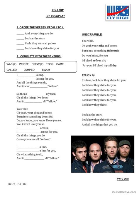 Yellow Coldplay Song And Nursery R English Esl Worksheets Pdf And Doc