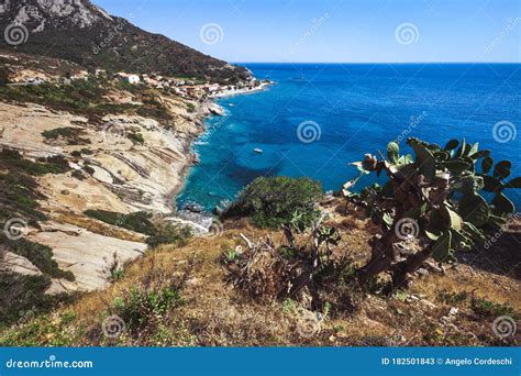 Costa Mar Tima Com Praia Rochas E Declive Rochoso Da Ilha De Elba Em It Lia Muitas Pessoas Na