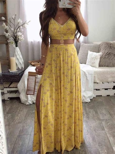 yellow color floral print crop top and maxi skirt two piece set cillyy mall clothes for