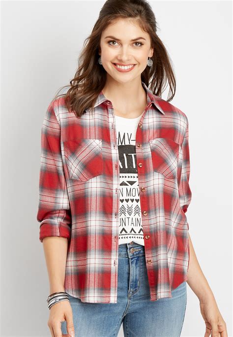 Red Flannel Plaid Button Down Shirt Red Flannel Plaid Flannel Womens Red Flannel