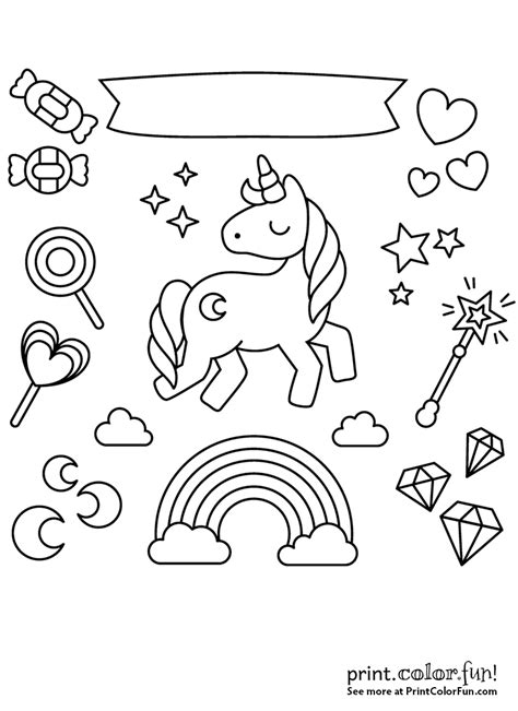 We hope you enjoy our online coloring books! Unicorn with rainbow, stars and candy coloring page ...