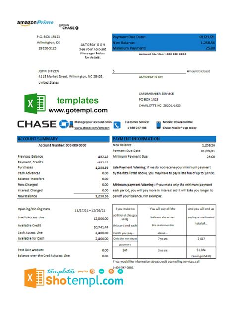 Usa Chase Bank Credit Card Statement Template In Xls And Pdf Format