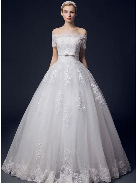 A Line Off The Shoulder Empire Waist Chapel Train Tulle Wedding Dress