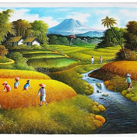 Lukisan Pemandangan Gunung Sungai Dan Sawah Shopee Indonesia