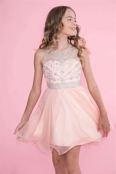 Tween Girls Short Silver Dress With Jeweled Illusion Bodice In 2020 Girls Formal Dresses