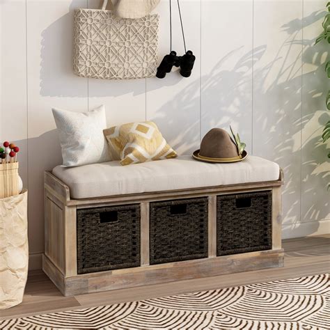 Rtr Rustic Storage Bench With 3 Removable Classic Rattan Basket