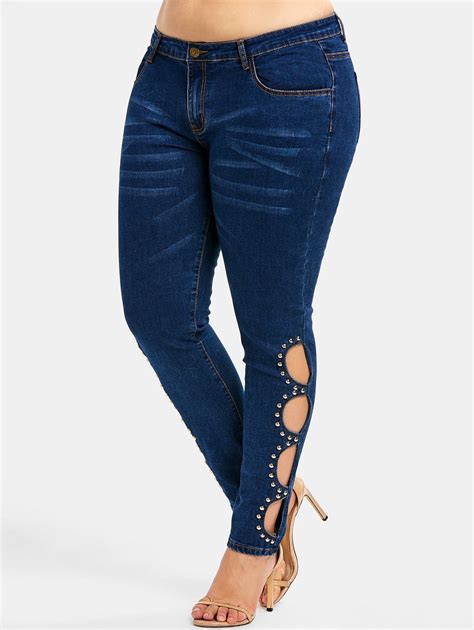17 Off 2020 Plus Size Rhinestone Cut Out Jeans In Lapis Blue Dresslily