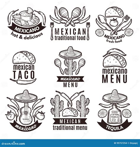 Sistema De Etiqueta Con Símbolos Mexicanos Tradicionales Emblemas De La Comida Para El Menú Del