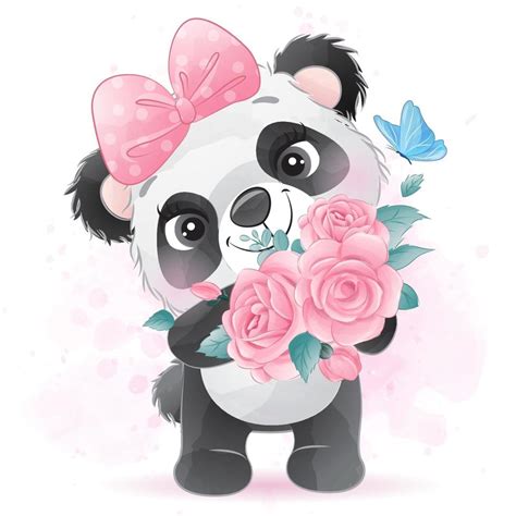 Cute Little Panda With Watercolor Illustration 2063607 Vector Art At