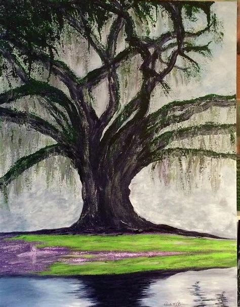 Old Live Oak Tree Reflected In Water Painting By Pamela O