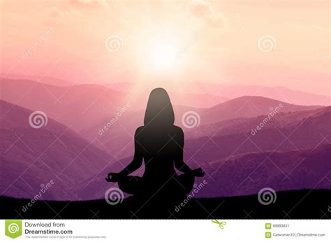 Yoga And Meditation Silhouette Of Woman In The Mountains Stock Image