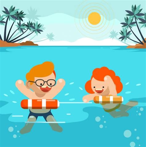 Summer Background Joyful Swimming Children Icon Cartoon Design Vectors
