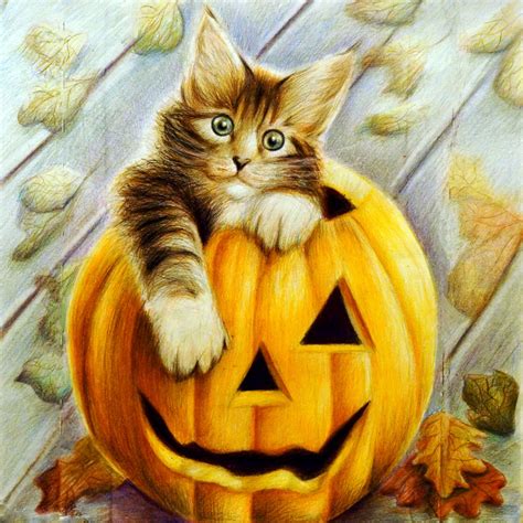 Cats Painting Art Halloween Pumpkin Animals Wallpapers Wallpapers