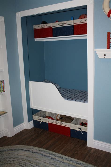We moved his baby bed out and moved a crib mattress in. Bedroom too small for a bed? Turn a closet into a built-in ...