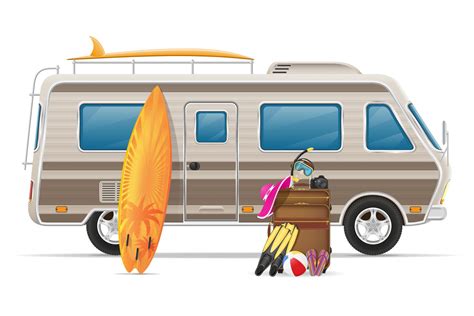 Wohnmobil Wohnmobil von Car Van mit Strandzubehör vector Illustration Vektor Kunst bei