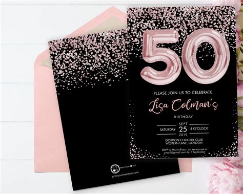 diy 50th birthday pink foil balloon confetti invitation printable template black pink balloon