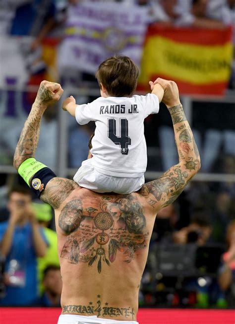 Sergio Ramos Shows Off His Canvas Of Tattoos With His Son Perched Onn