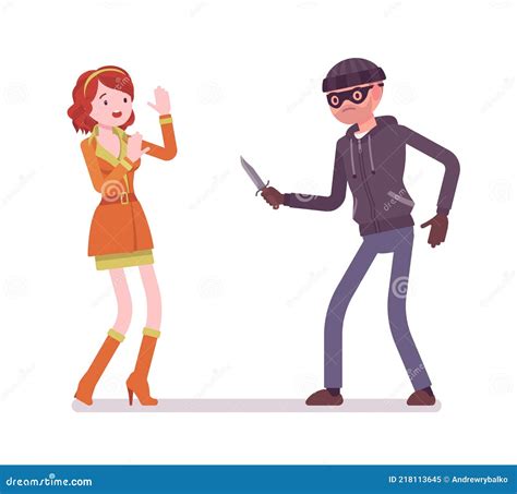Masked Man Armed With Knife Attacking Threatening A Girl Stock Vector Illustration Of Lady