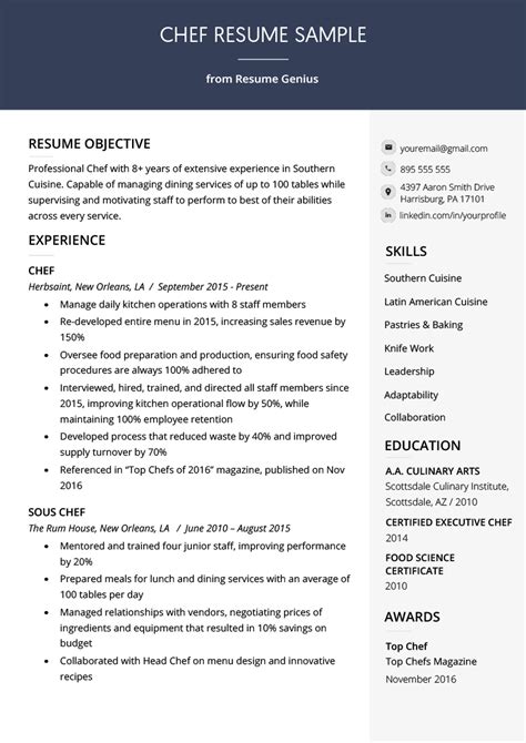 Chef Resume Sample And Writing Guide Resume Genius Downloadable